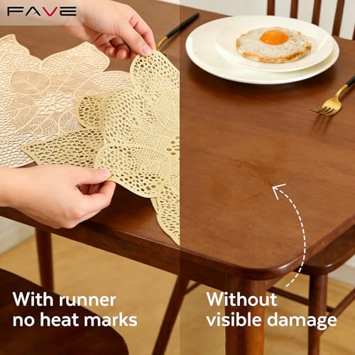 FAVE leaf-inspired gold table runner brings artistic flair to any table.