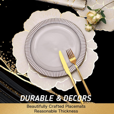 Close-up of textured gold floral pattern on FAVE round placemats