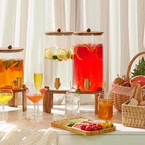 FavorFlavor lemonade-filled glass dispenser demonstrating party-ready capacity.