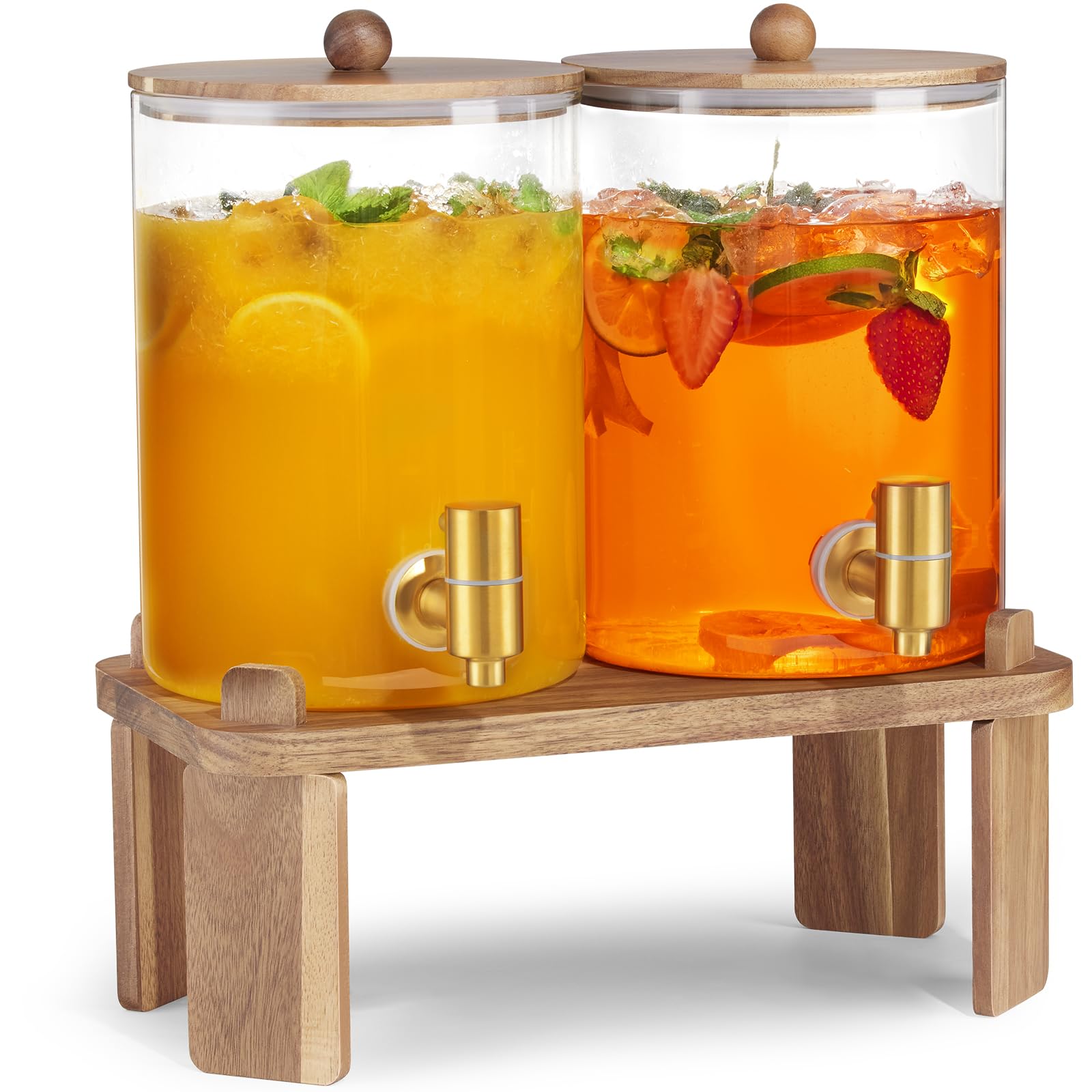 FavorFlavor 2-pack glass dispensers with wood stand showcase drinks elegantly for parties.