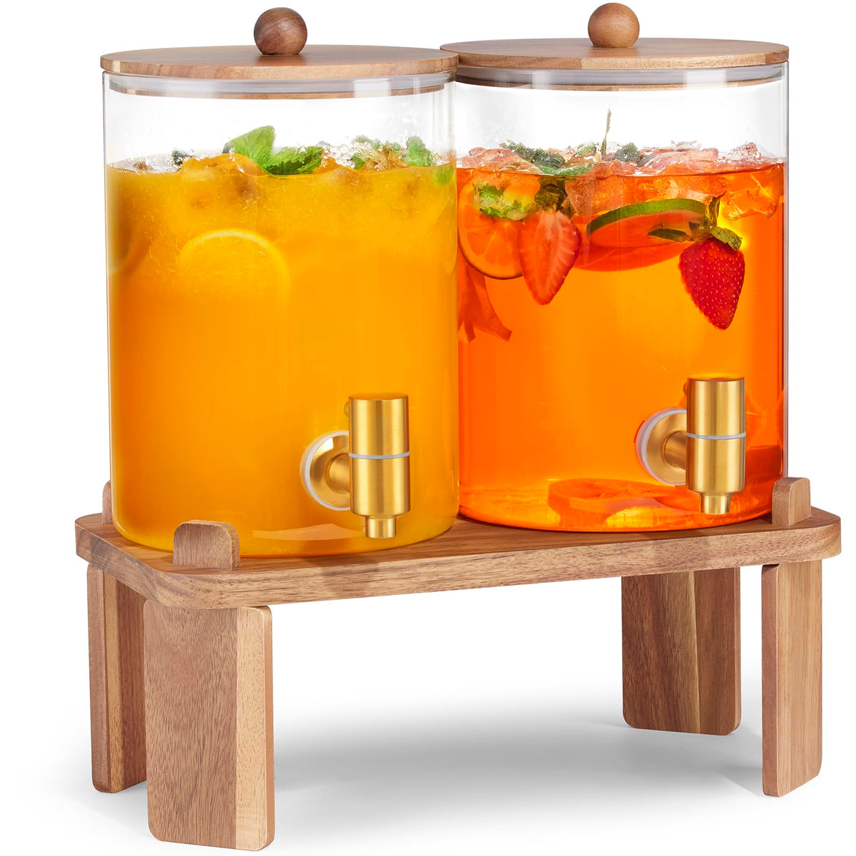 FavorFlavor 2-pack glass dispensers with wood stand showcase drinks elegantly for parties.