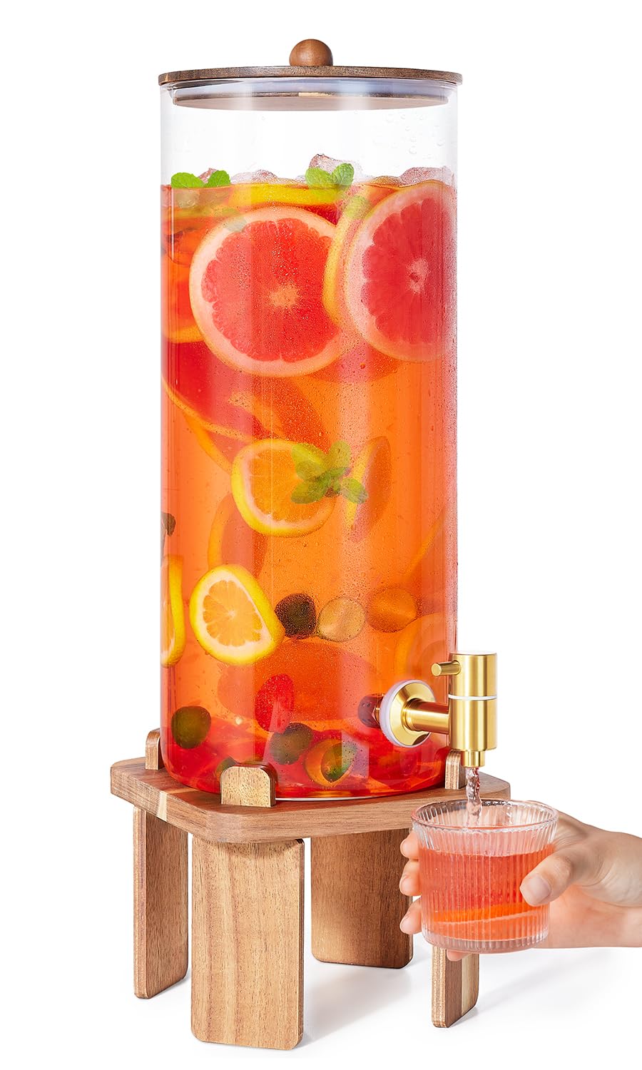 FavorFlavor 2-gallon glass dispenser with wood stand for spill-free party serving
