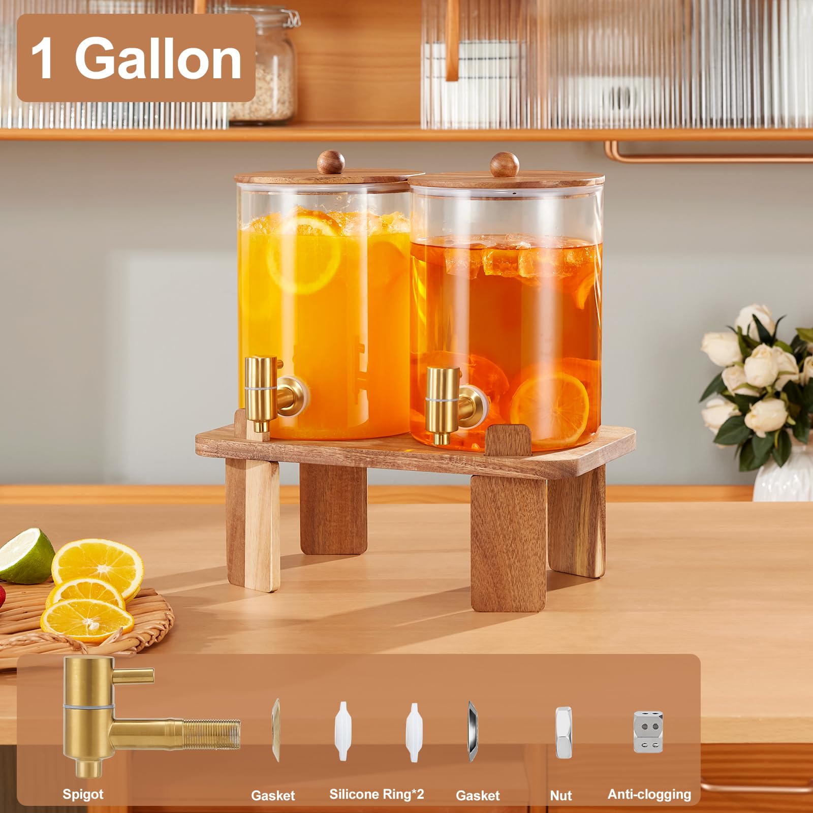 FavorFlavor glass dispenser lid with wood seal keeps beverages fresh and leaks at bay.