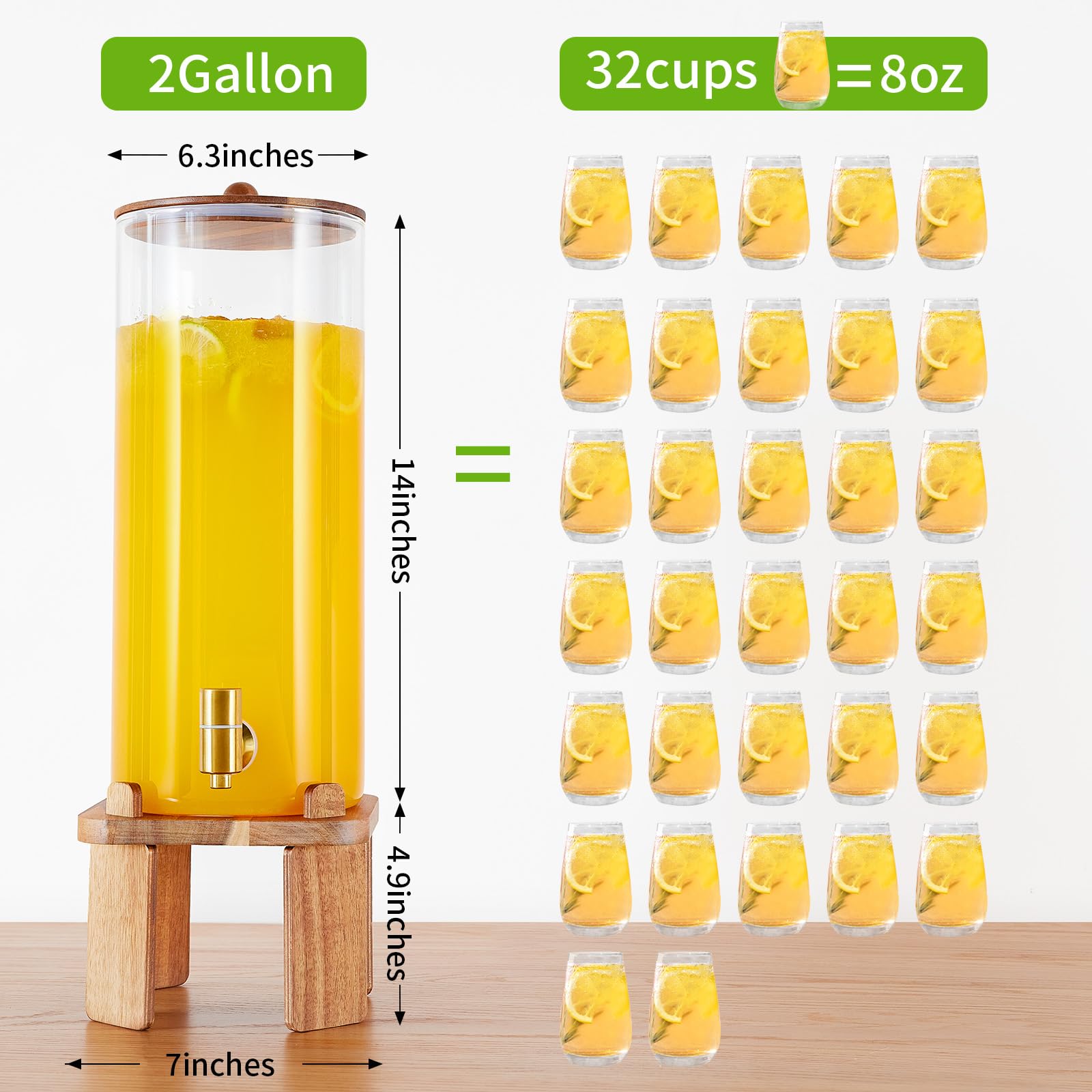 FavorFlavor glass dispenser with wood lid seal to prevent leaks during service