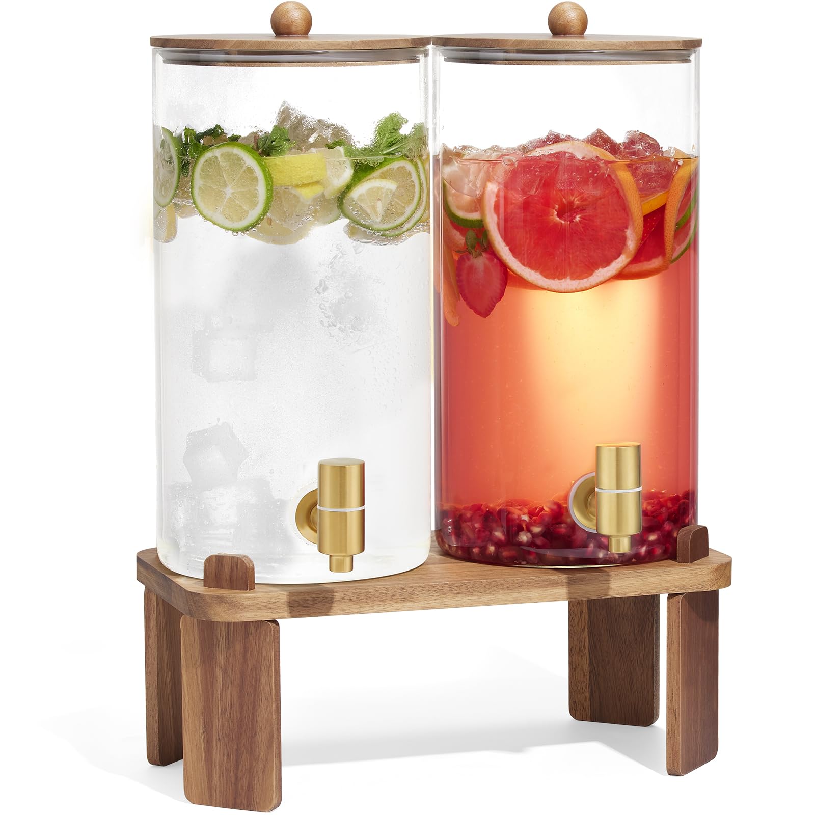FavorFlavor glass dispenser with wood stand, ready for lemonade and iced tea at events.