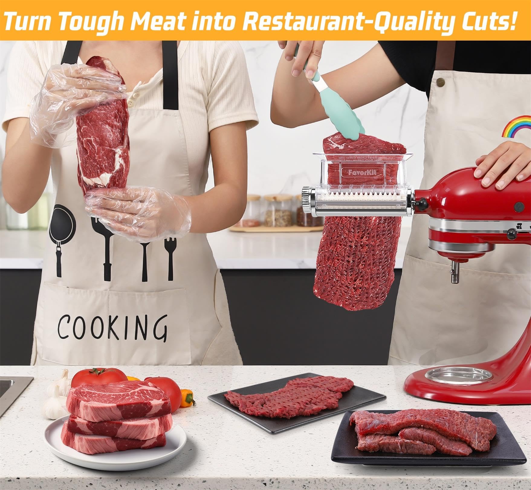 FavorKit tenderizer attachment on a KitchenAid mixer for versatile cuts.