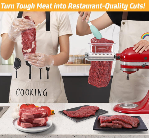 FavorKit tenderizer attachment on a KitchenAid mixer for versatile cuts.