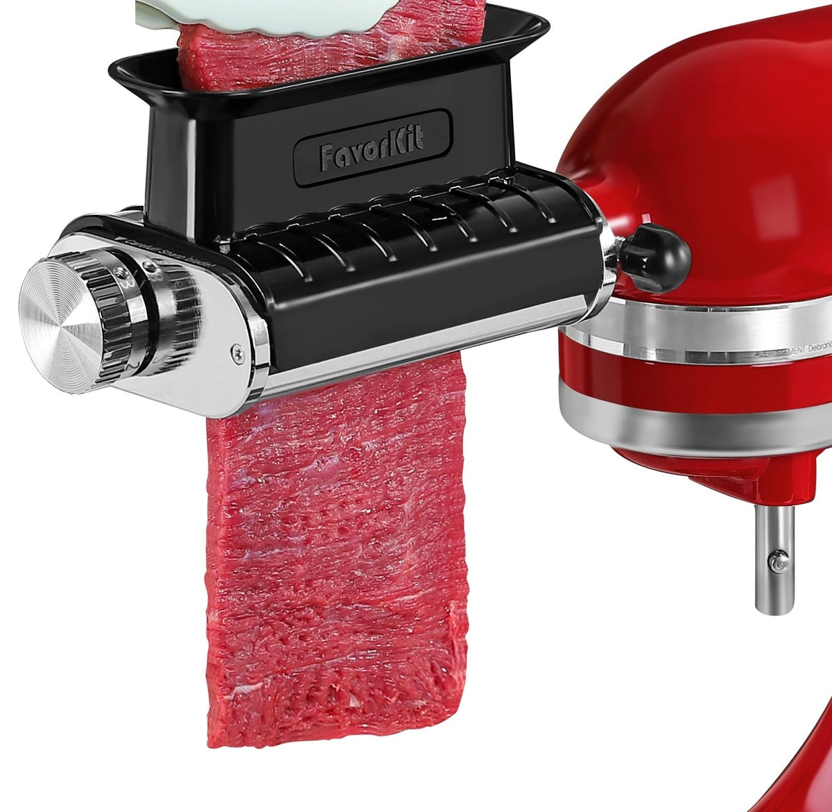 FavorKit meat tenderizer attachment installed on a KitchenAid mixer for even tenderizing.