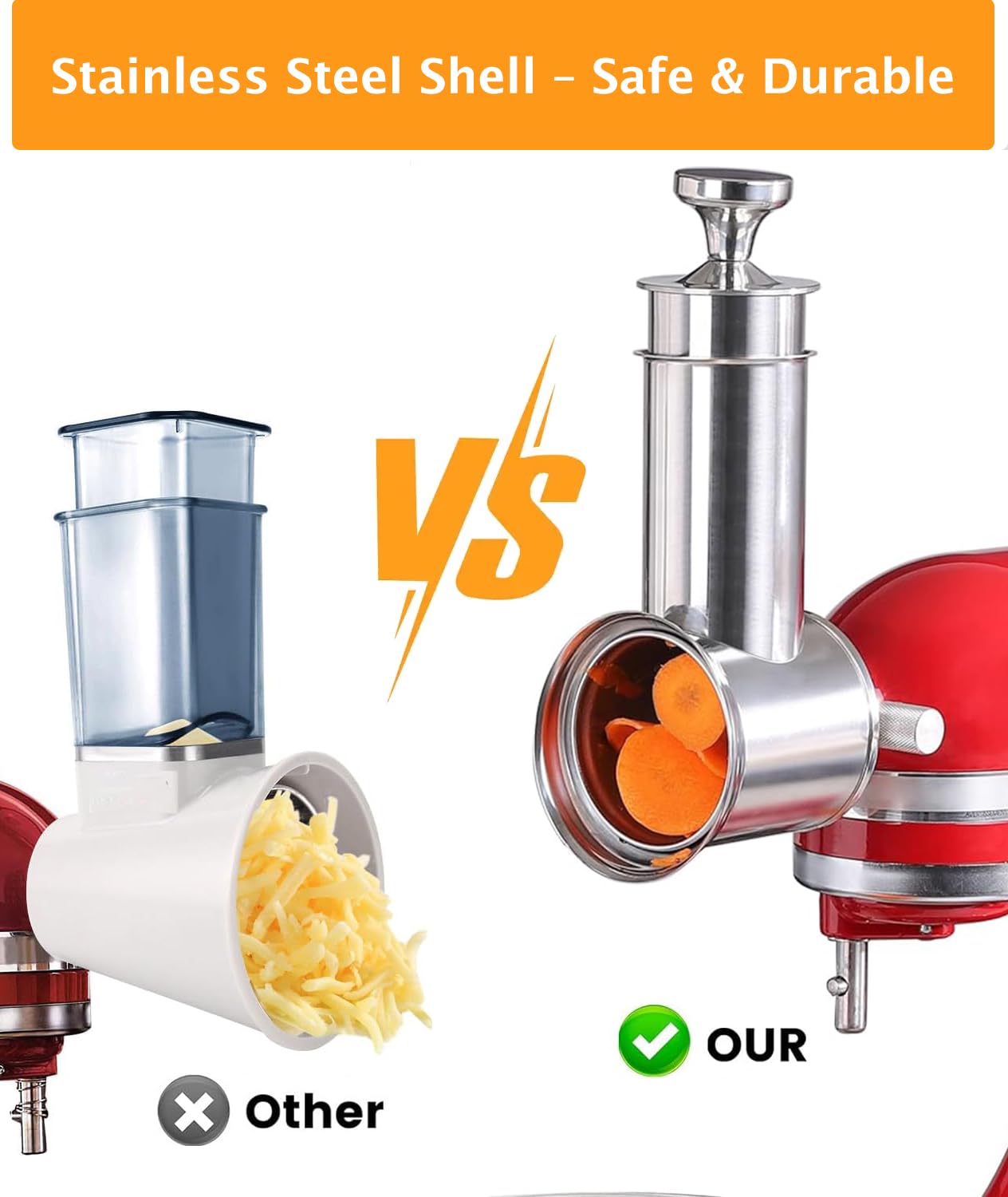 Large feed tube opening enabling efficient processing of vegetables and cheese.