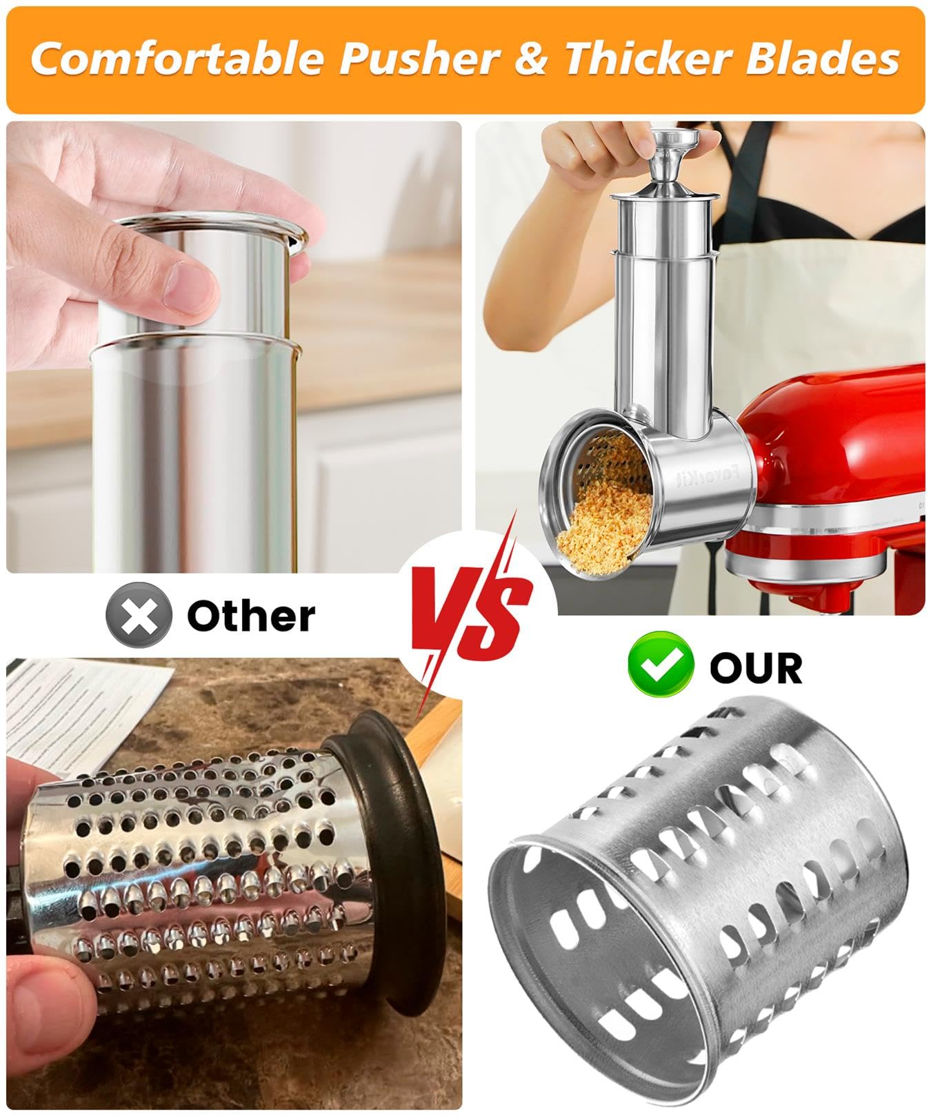Ergonomic pusher with knob eases grip during slicing and shredding tasks.