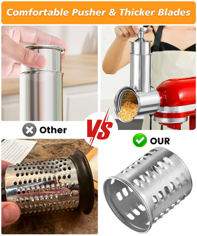 Ergonomic pusher with knob eases grip during slicing and shredding tasks.