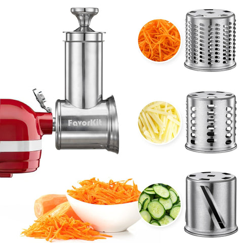 FavorKit Slicer Shredder Attachment front view showing secure hub fit for KitchenAid mixers