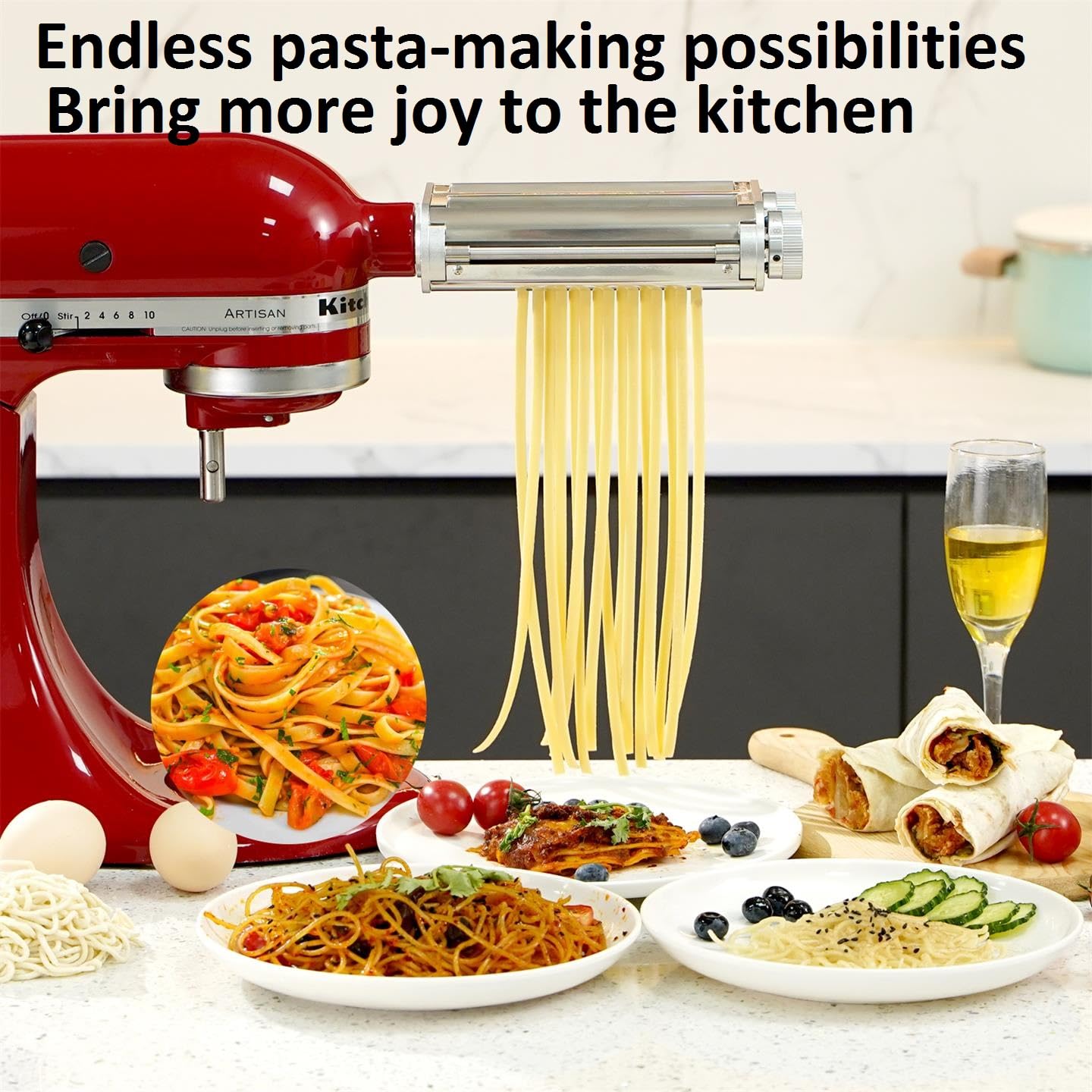 FavorKit spaghetti cutter action illustrates precise 2mm setting for slim noodles.
