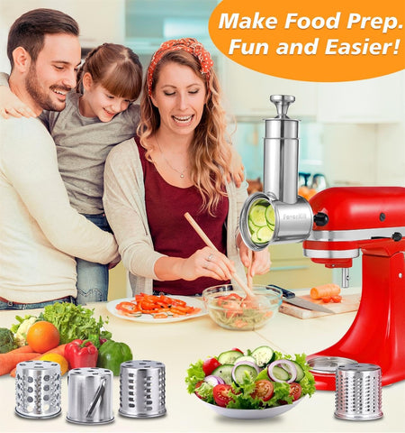 Close-up of durable stainless steel blades for fast slicing and shredding.