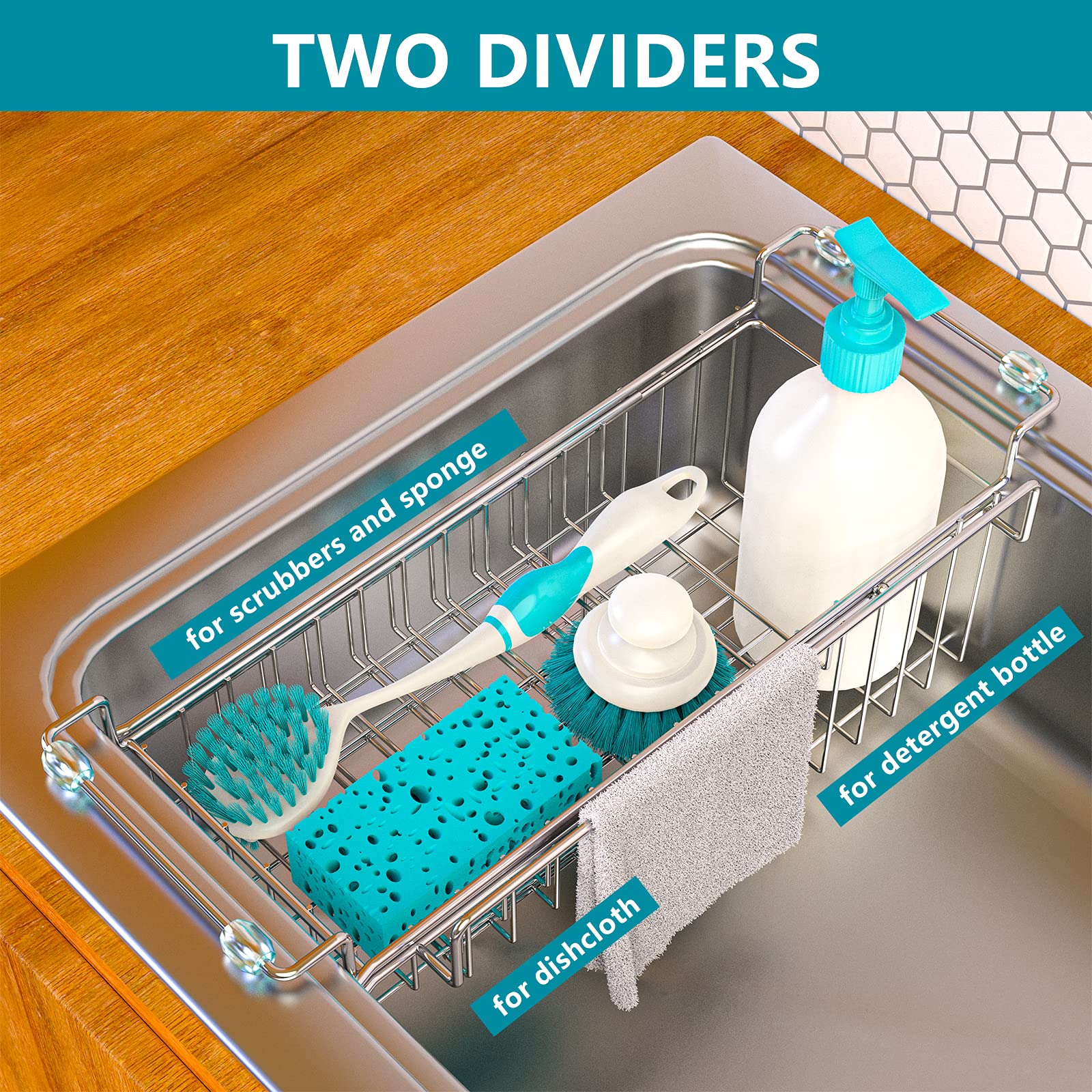 FavoThings caddy two dividers keep sponge and bottles neatly separated on the rack.
