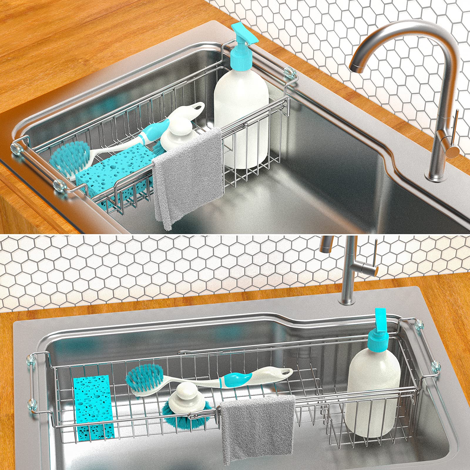 FavoThings stainless steel frame with silicone caps protecting sink surfaces.