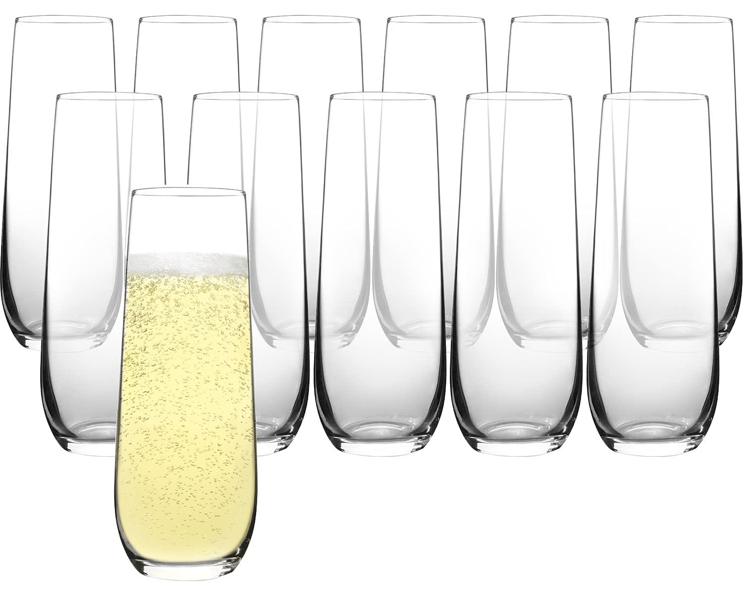 FAWLES stemless champagne flutes 12-piece set, ideal for celebrations and easy storage.