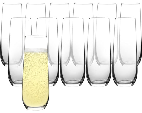 FAWLES stemless champagne flutes 12-piece set, ideal for celebrations and easy storage.