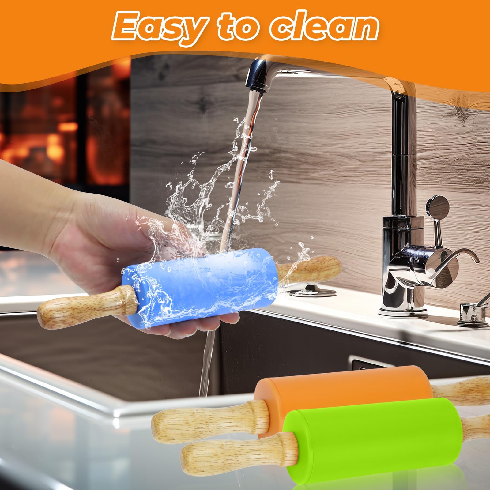 Faxco mini rolling pin with wooden handle close-up, sturdy grip for young bakers.