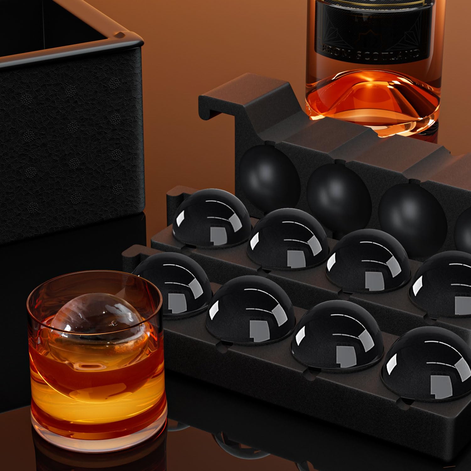FDDBI clear ice ball on glass highlights slow-melt design for lasting chill.