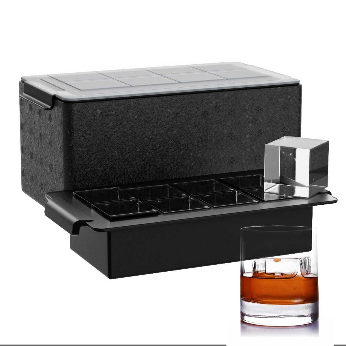 FDDBI clear ice cube tray top view showing 2-inch slow-melting cubes for whiskey.