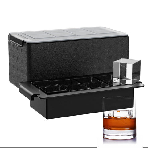 FDDBI clear ice cube tray top view showing 2-inch slow-melting cubes for whiskey.