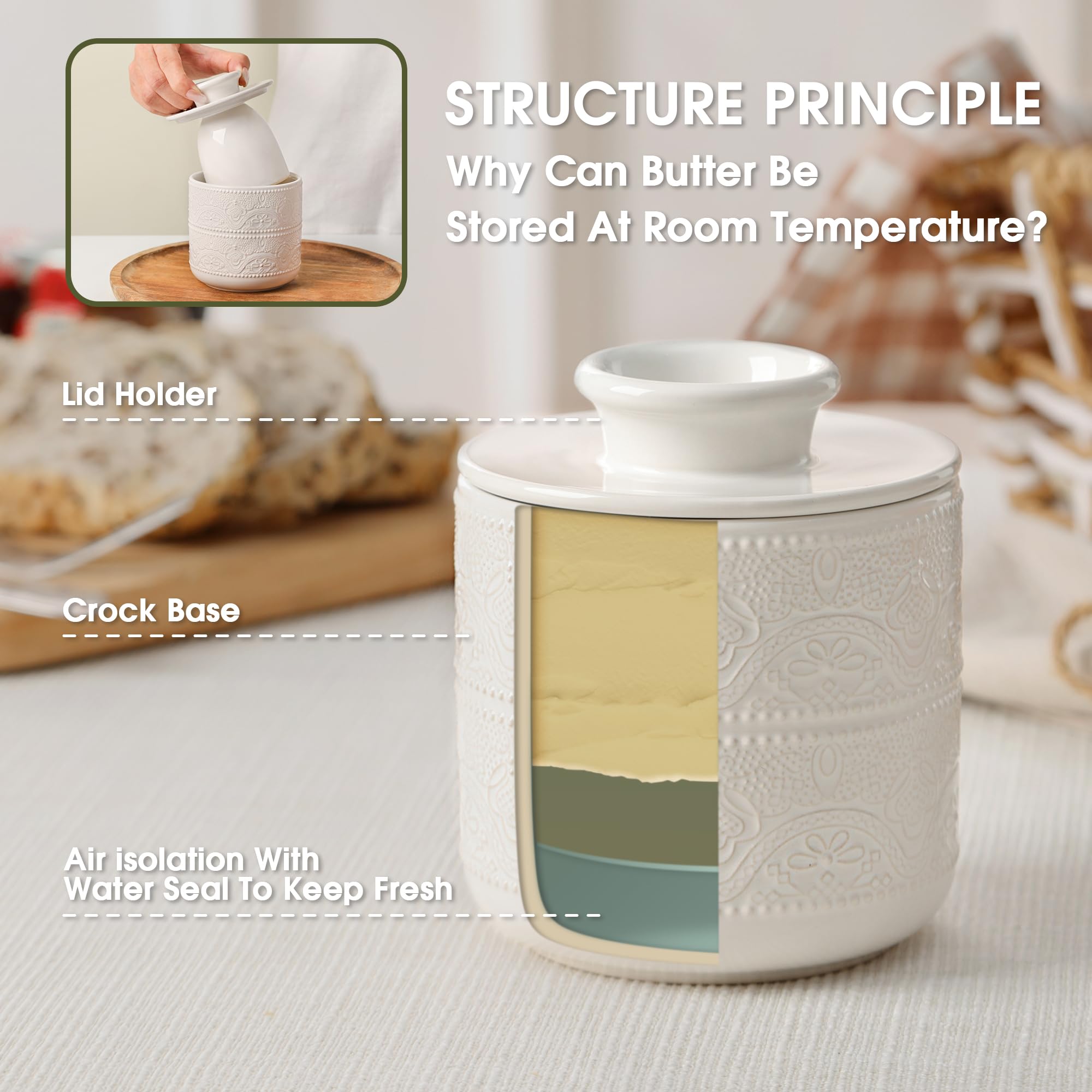 FE FUN ELEMENTS Butter Crock lace-embossed design adds kitchen elegance.