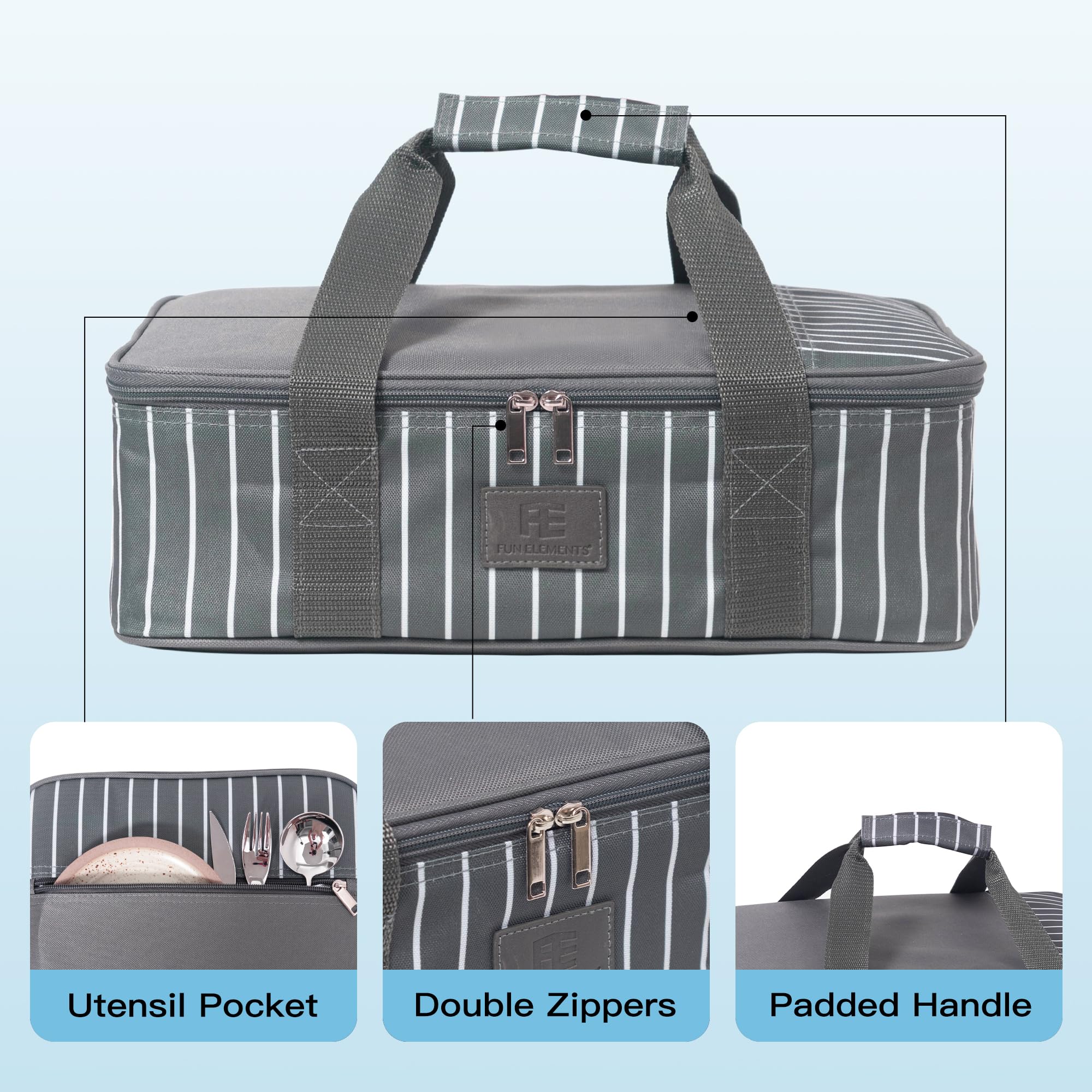 FE Fun Elements casserole carrier leak-proof liner keeps spills contained during transport.