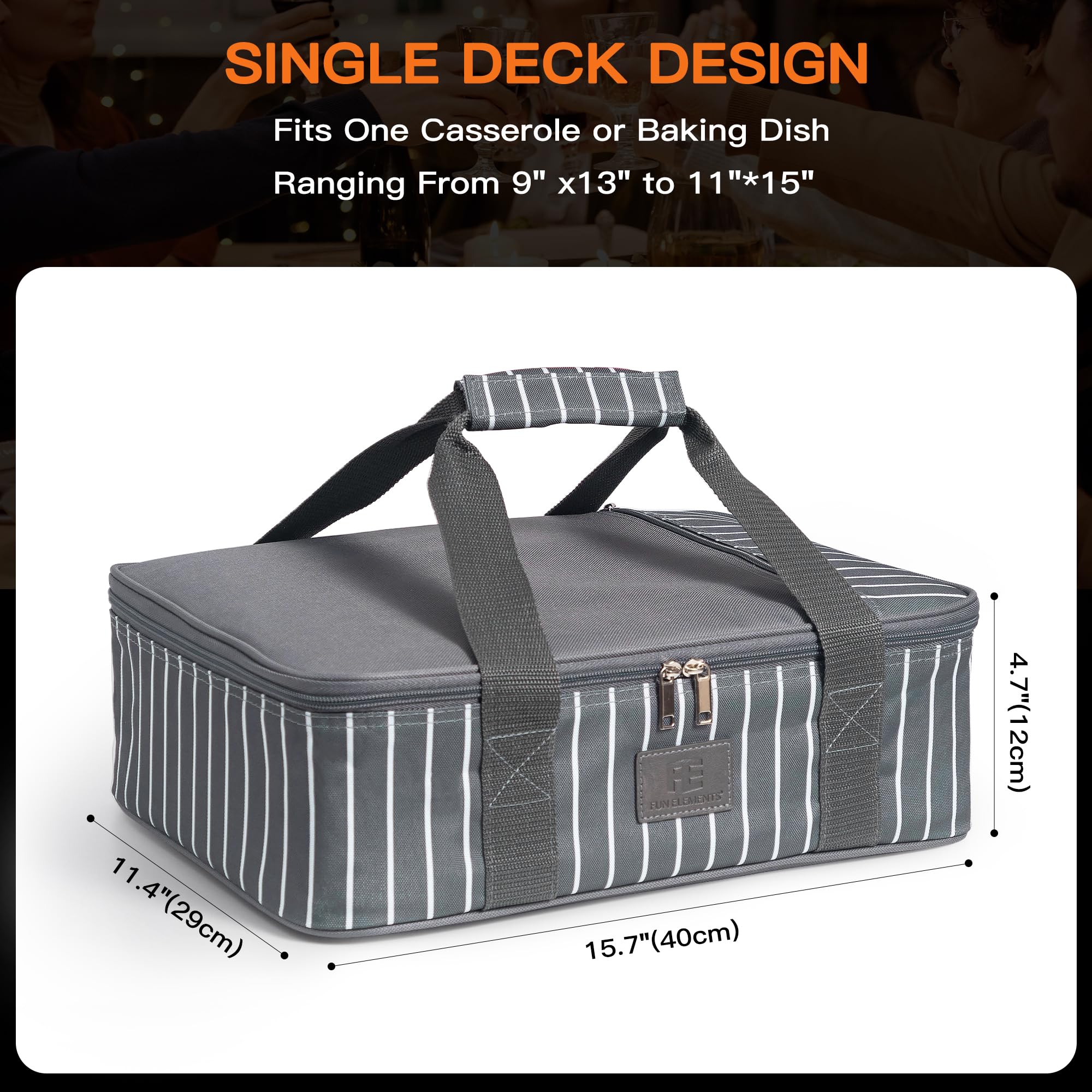 FE Fun Elements casserole carrier side pocket image emphasizes convenient storage for utensils.