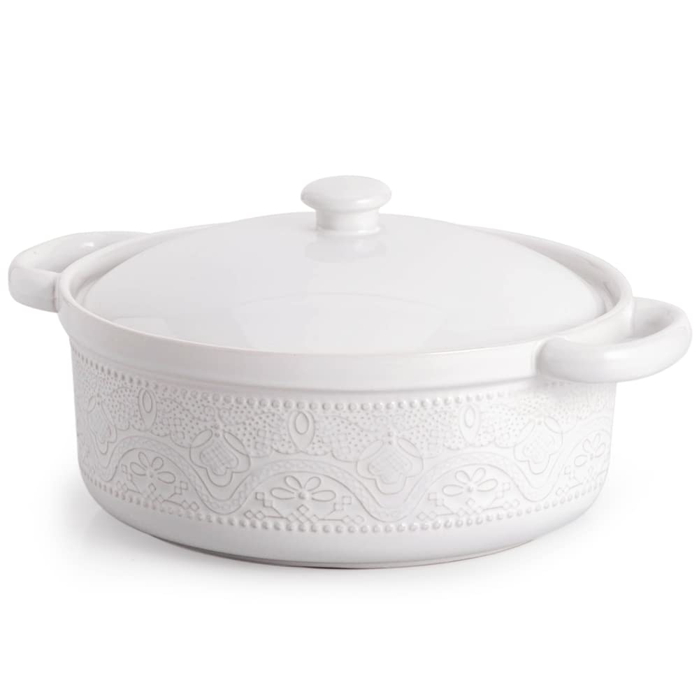 FE FUN ELEMENTS casserole dish with lace embossed lid, bright white, ideal for oven-to-table use.