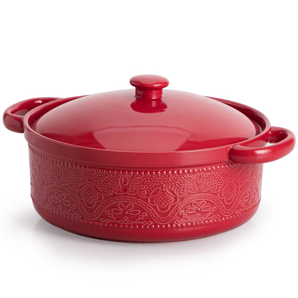 FE FUN ELEMENTS lace-embossed casserole dish with lid adds elegant table presence.