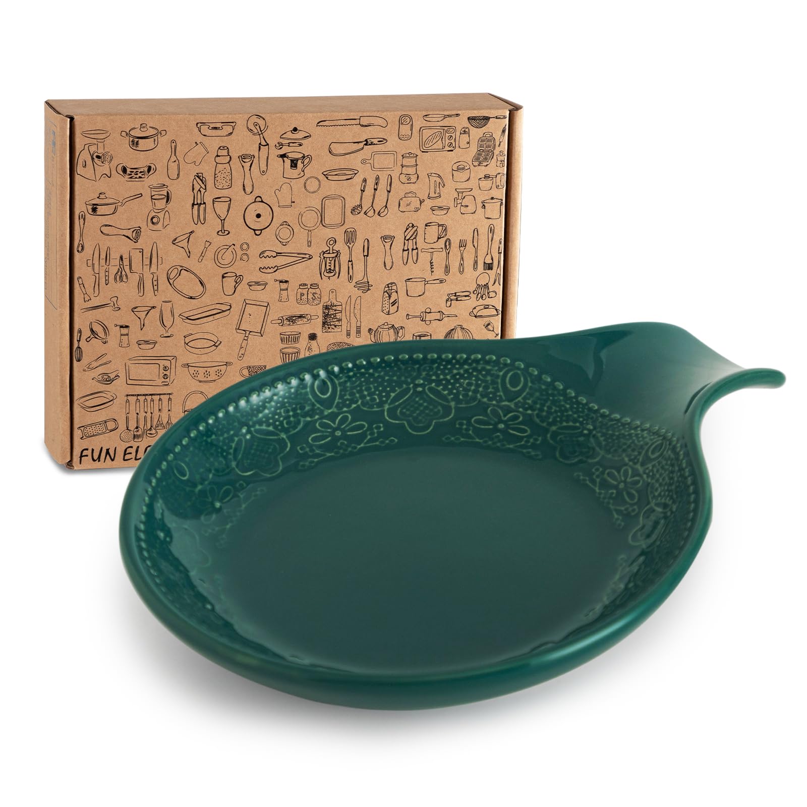 FE FUN ELEMENTS ceramic spoon rest with embossed lace sits on hob to keep counters clean