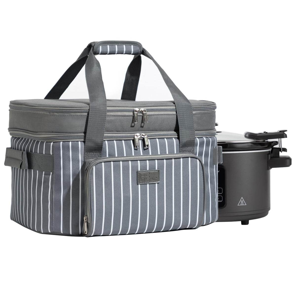 FE Fun Elements double-layer slow cooker bag shows its top compartment for recipes and utensils.