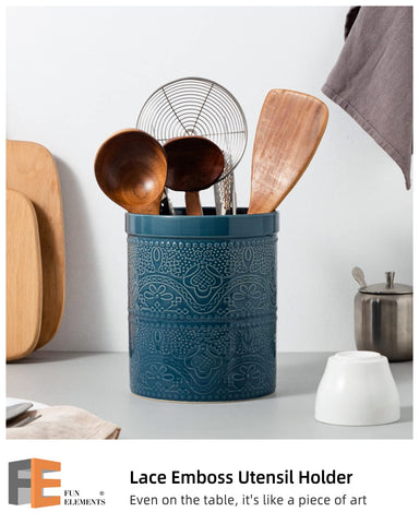 Heavy ceramic design of FE FUN ELEMENTS provides stable utensil storage during busy cooking