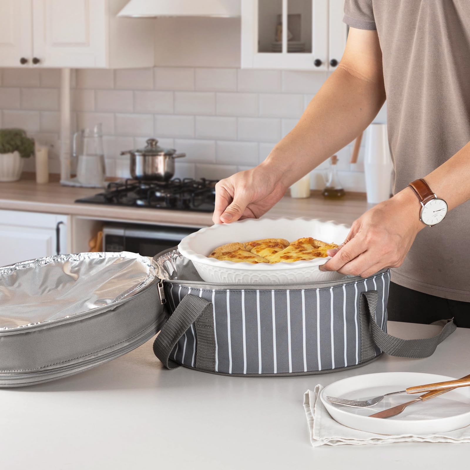 FE FUN ELEMENTS carrier holding two pie pans for gatherings