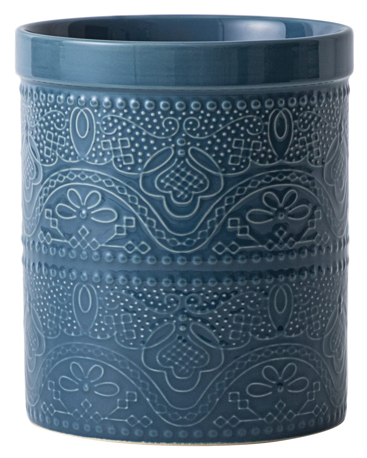 FE FUN ELEMENTS lace-emboss ceramic utensil holder sits on the counter, organizing tools stylishly