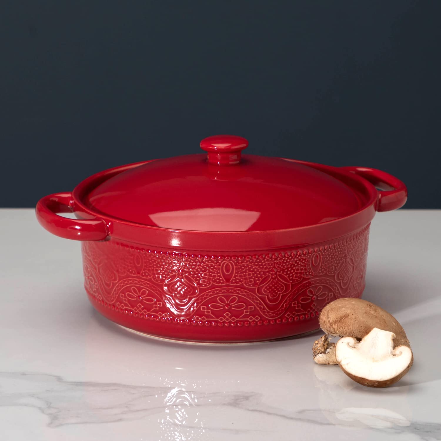FE FUN ELEMENTS oven-to-table red casserole ready for dining and entertaining.