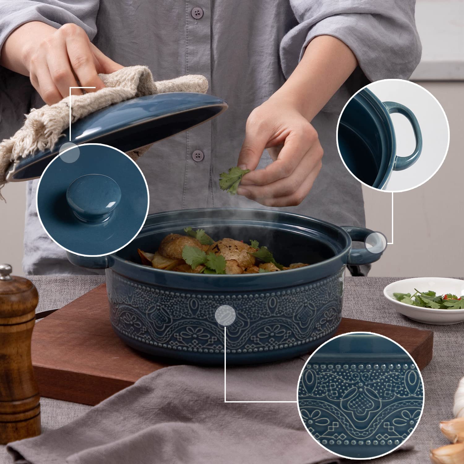 FE FUN ELEMENTS round serving dish with handles, easy to pass around at parties.