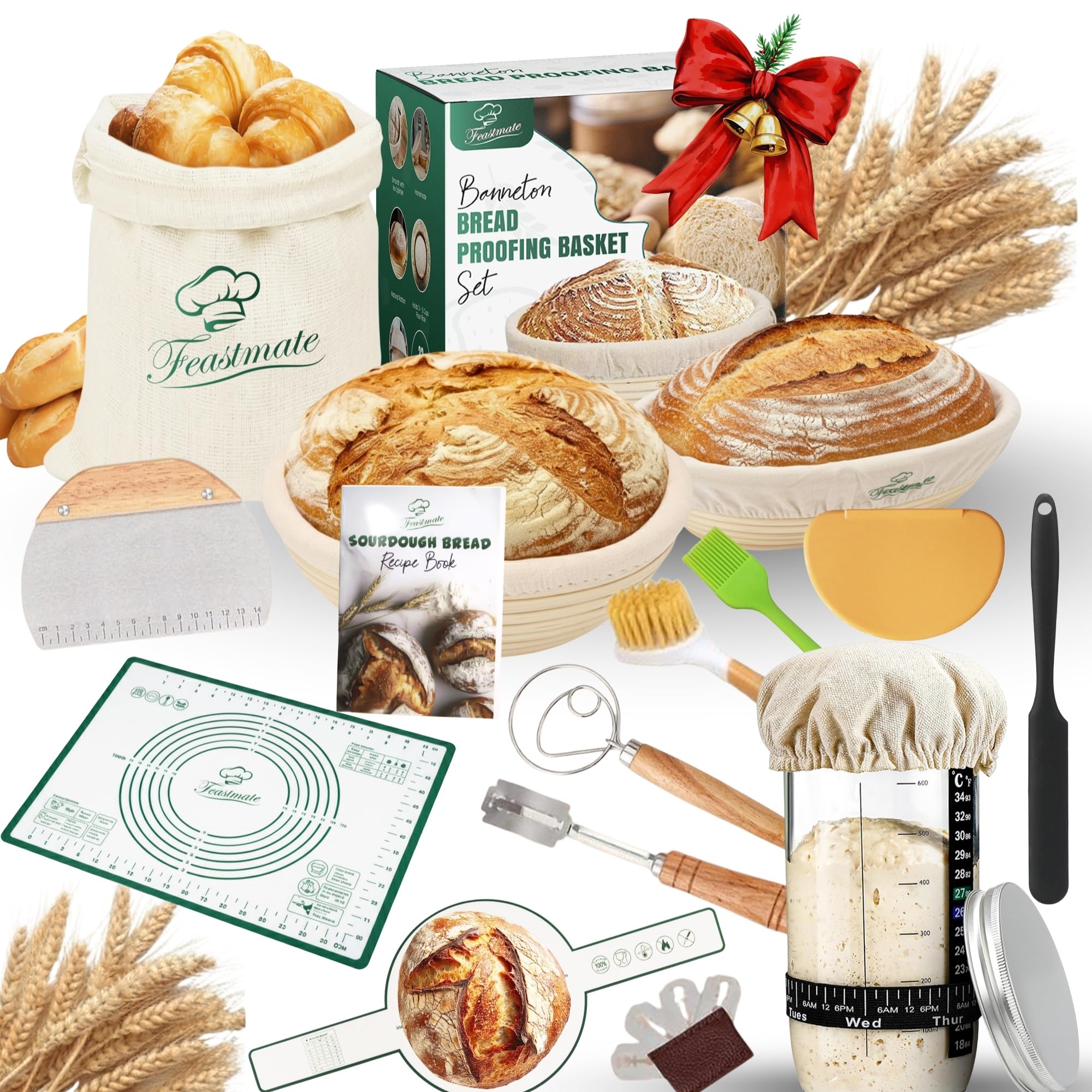Feastmate round banneton basket 9-inch with liner for even dough proofing