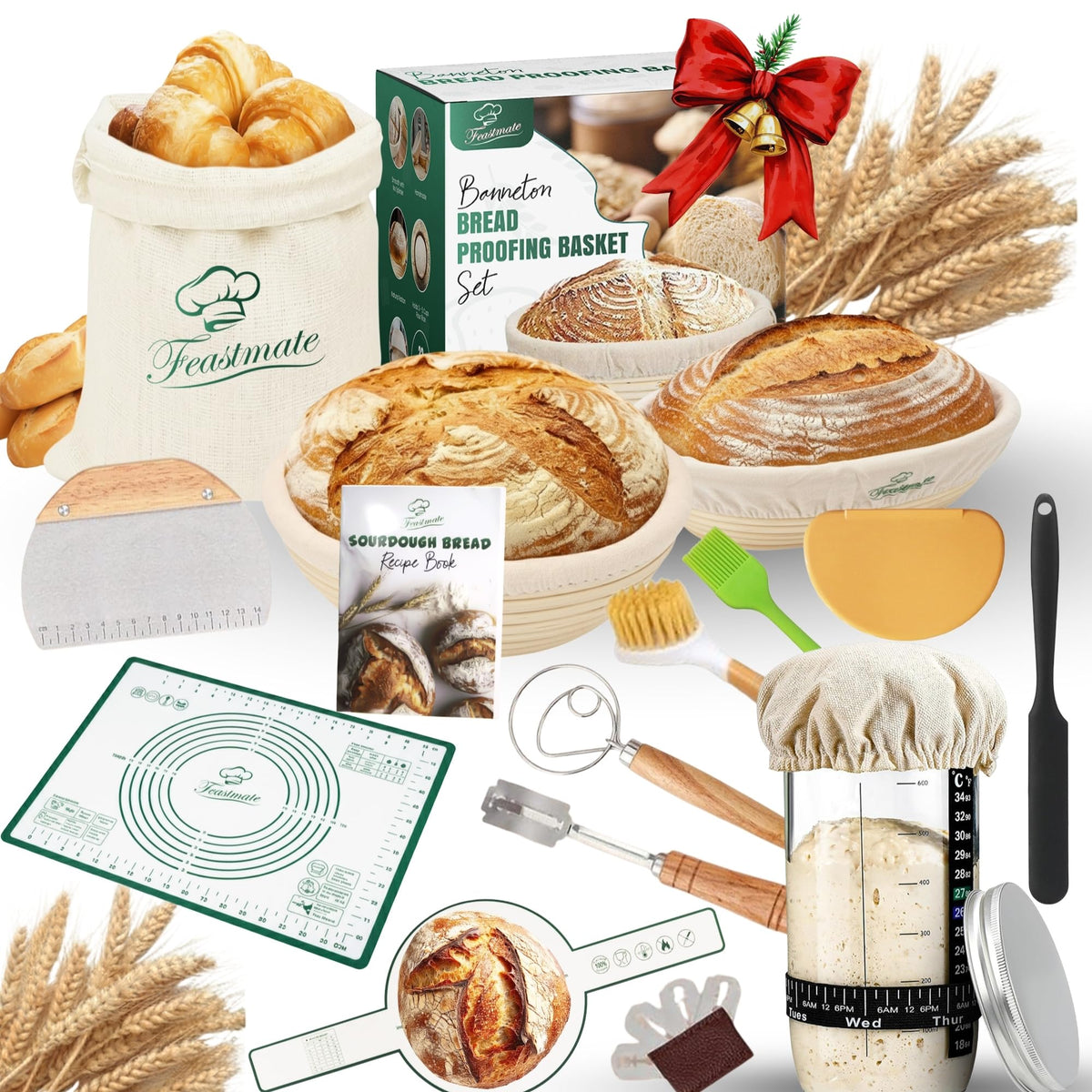 Feastmate round banneton basket 9-inch with liner for even dough proofing