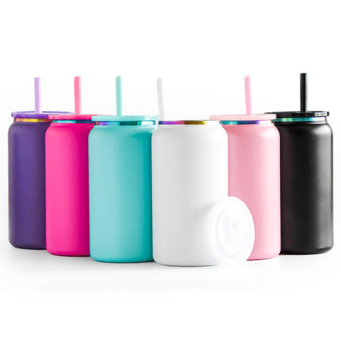 FECBK 6-pack stainless steel tumblers with lids and straws for on-the-go hydration.