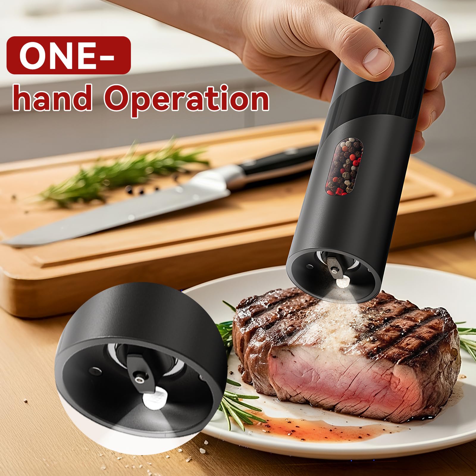 Fecorraimne grinder features a 110ml capacity and built-in LED light for monitoring.