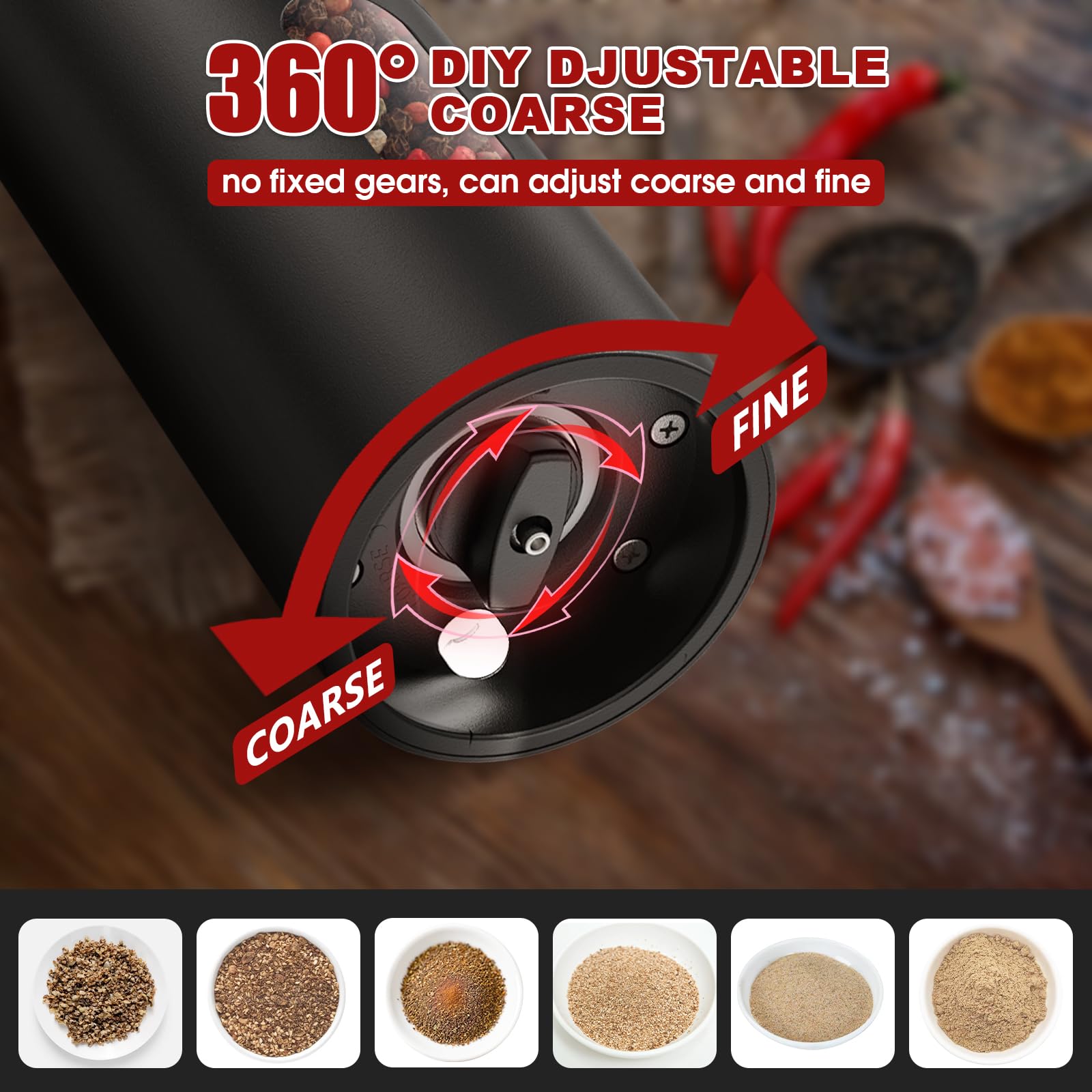 Fecorraimne grinder showcasing adjustable coarse settings for precise texture.