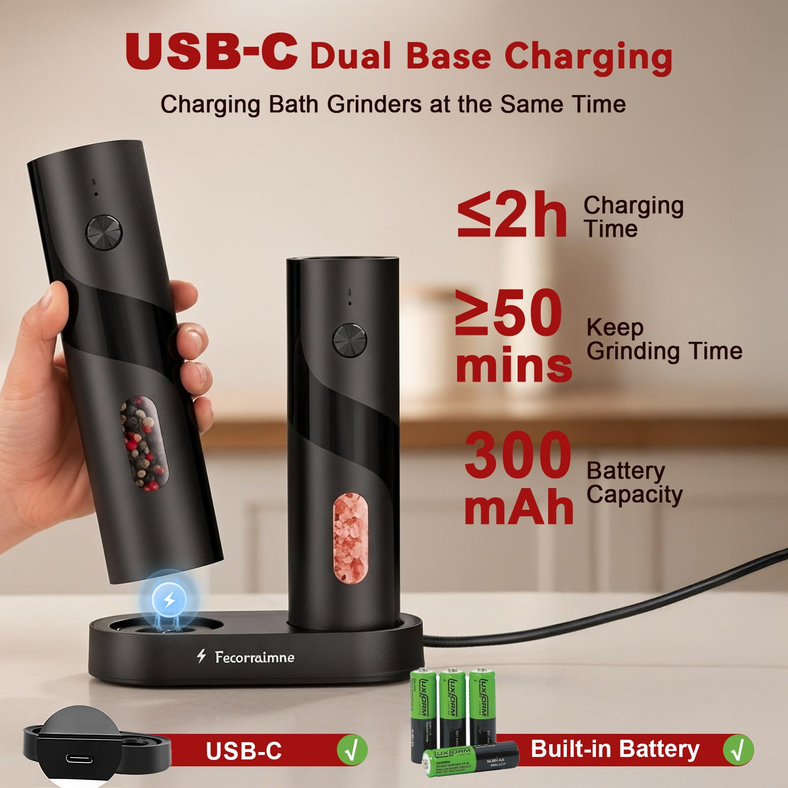 Fecorraimne electric grinders on a dual charging base for convenient power.