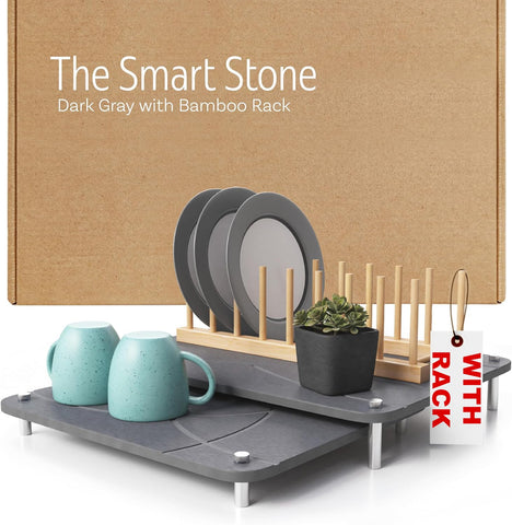 FEDBB nested dish drying stone mat with bamboo rack for efficient air drying of dishes.