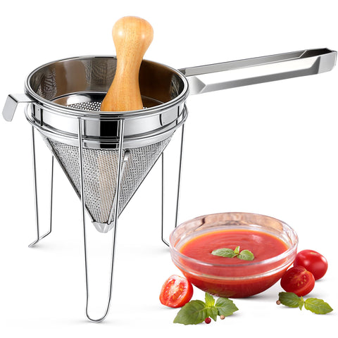 Feekoon chinois strainer with stand and pestle for easy sauce pressing