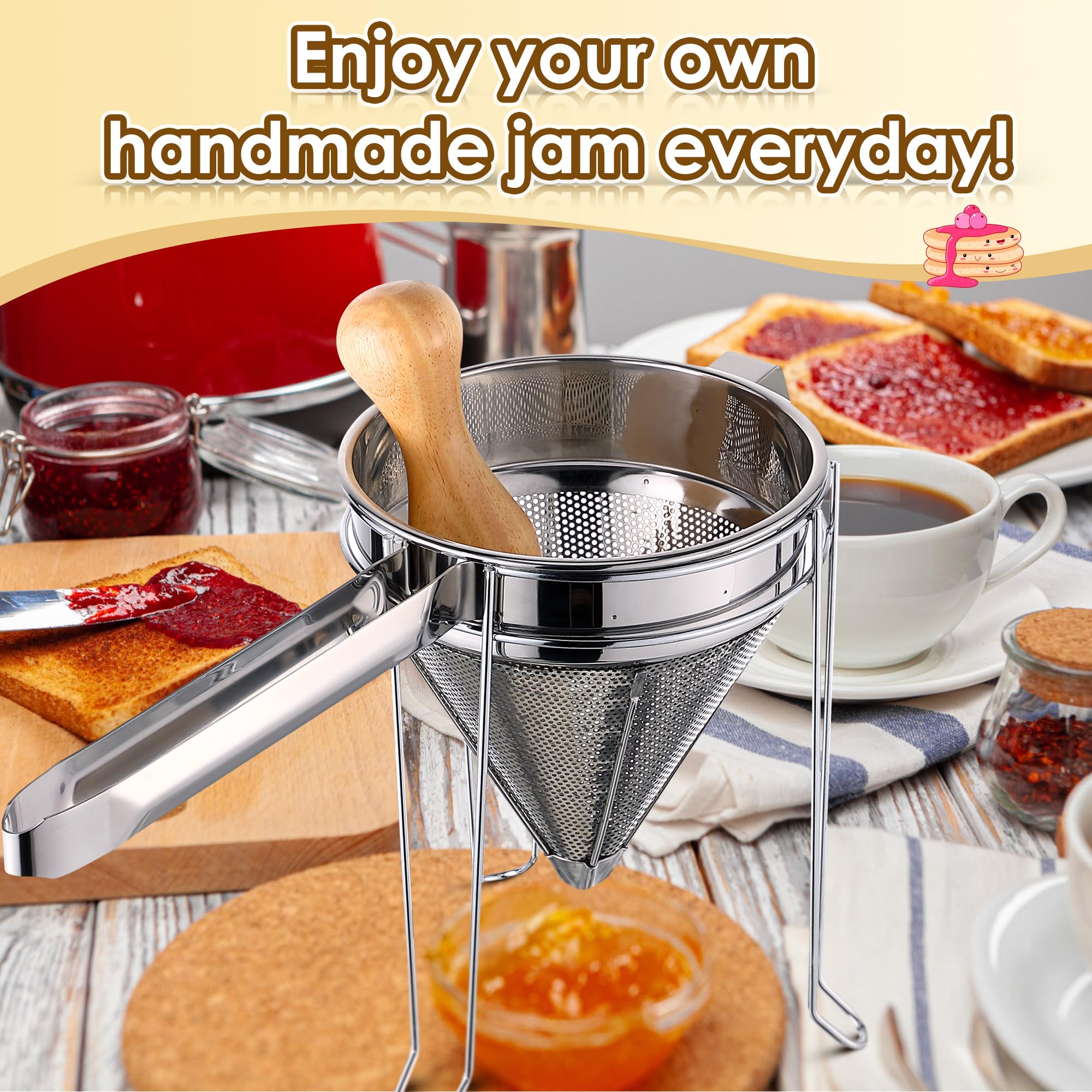 Feekoon strainer in a large pan ideal for batch canning and purées