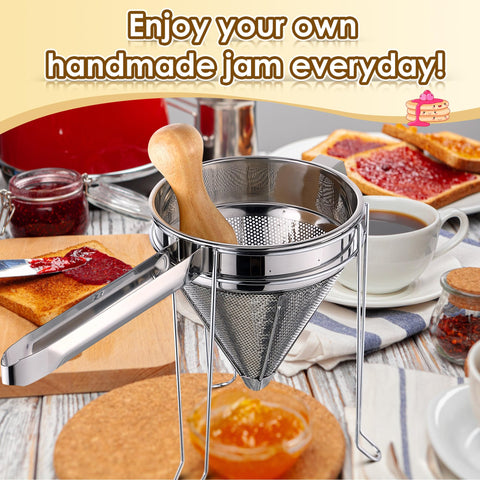 Feekoon strainer in a large pan ideal for batch canning and purées