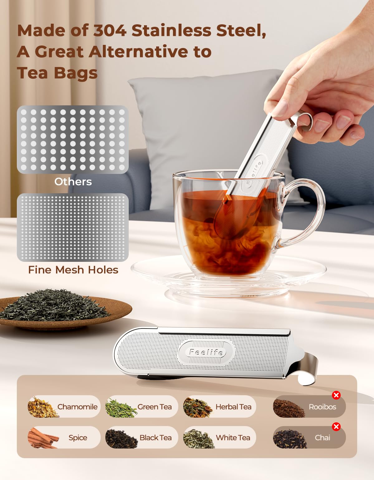 Feelife tea infuser detachable mesh for thorough cleaning after use.