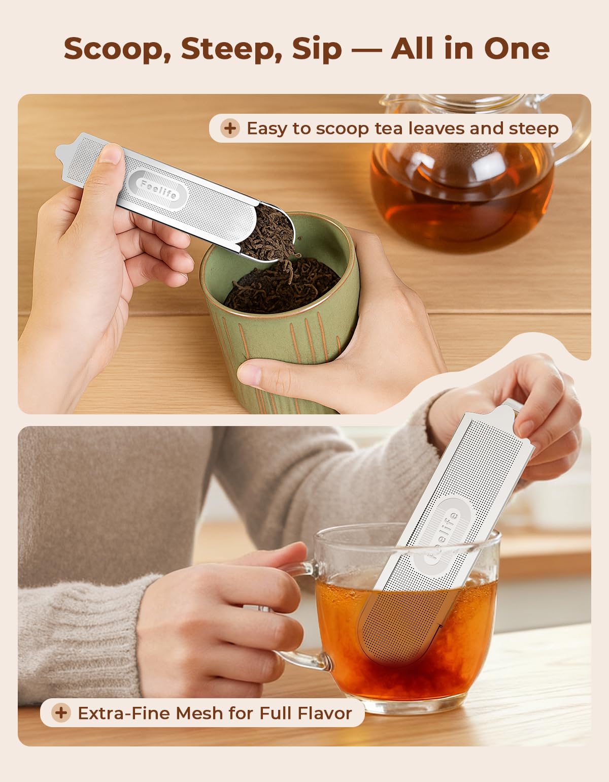 Feelife tea infuser ultra-fine mesh for smooth infusion and minimal sediment.